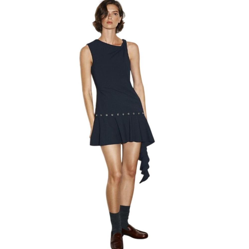 NWT Zara Navy Blue Asymmetric Mini Dress Silver Studs Tiered ruffle hem Size S